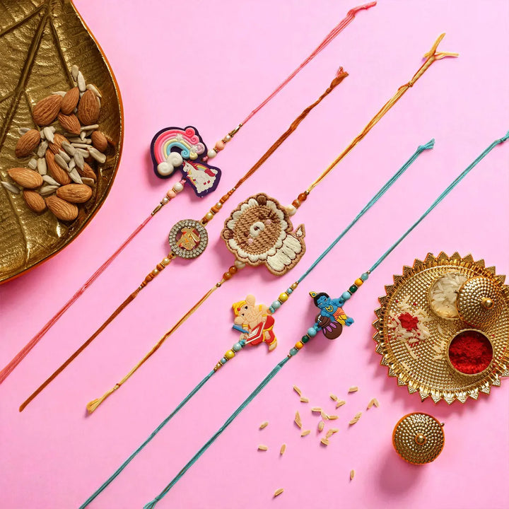 Handmade Unicorn, Bro, Lion, Ganesh & Krishna Rakhi With Roli Chawal | Set Of 5
