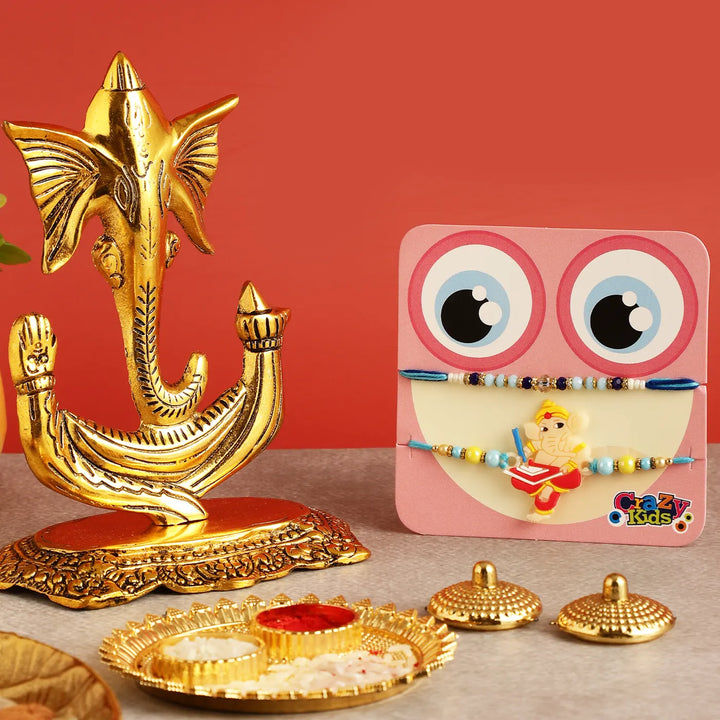 Handmade Ganesha Rakhi Hamper | Includes 1 Ganesha Idol, 2 Rakhis, 1 Roli Chawal