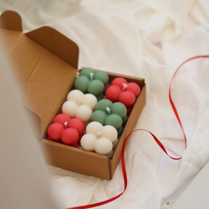 6 Pc | Handmade White, Red & Green Bubble Soy Wax Candles