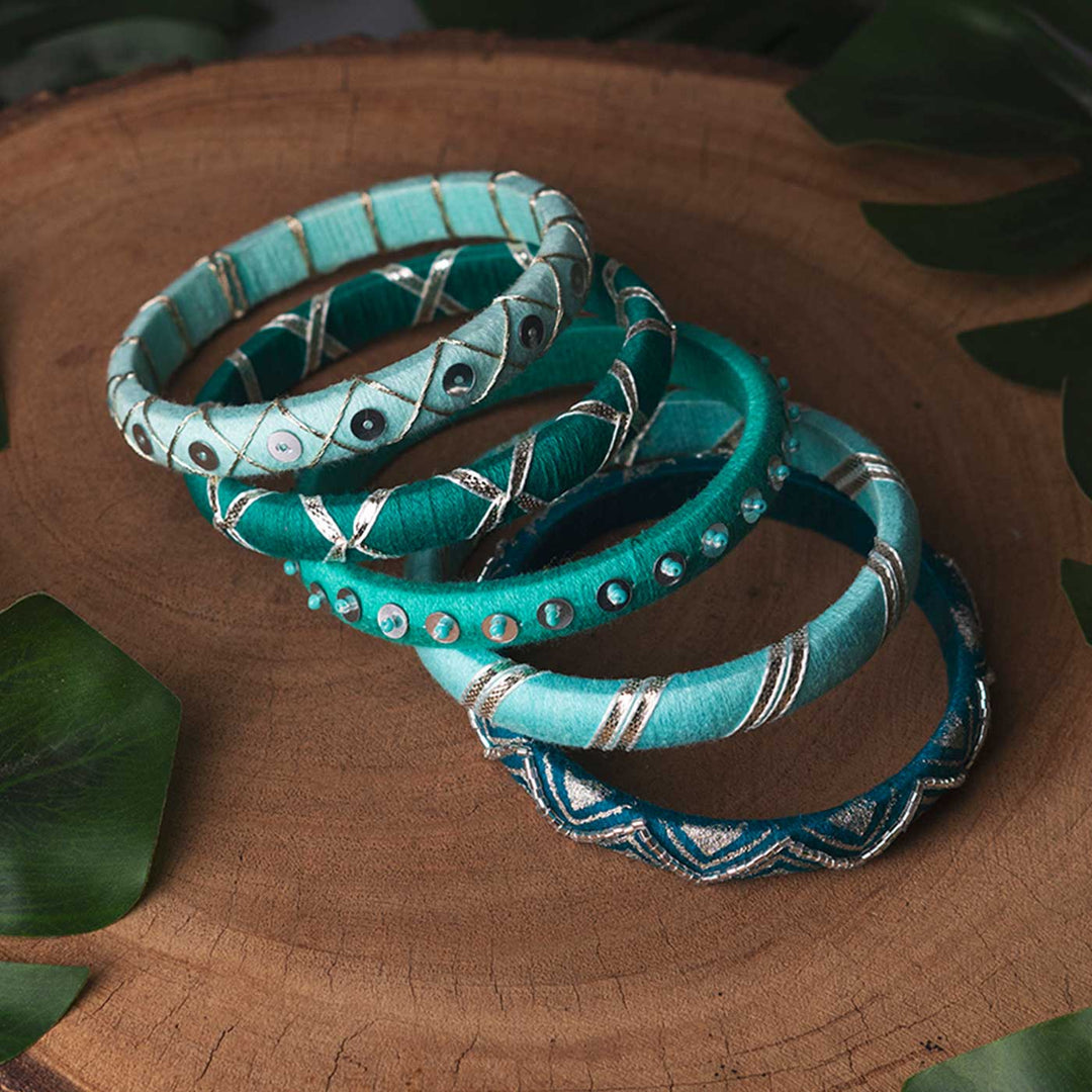 Aqua Blue Handcrafted Sequin & Silver Gotta Patti Bangles | Set of 5