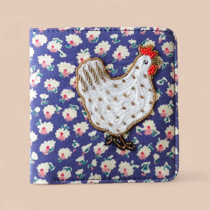 Handmade Embroidered Hen Design Blue Cotton Wallet