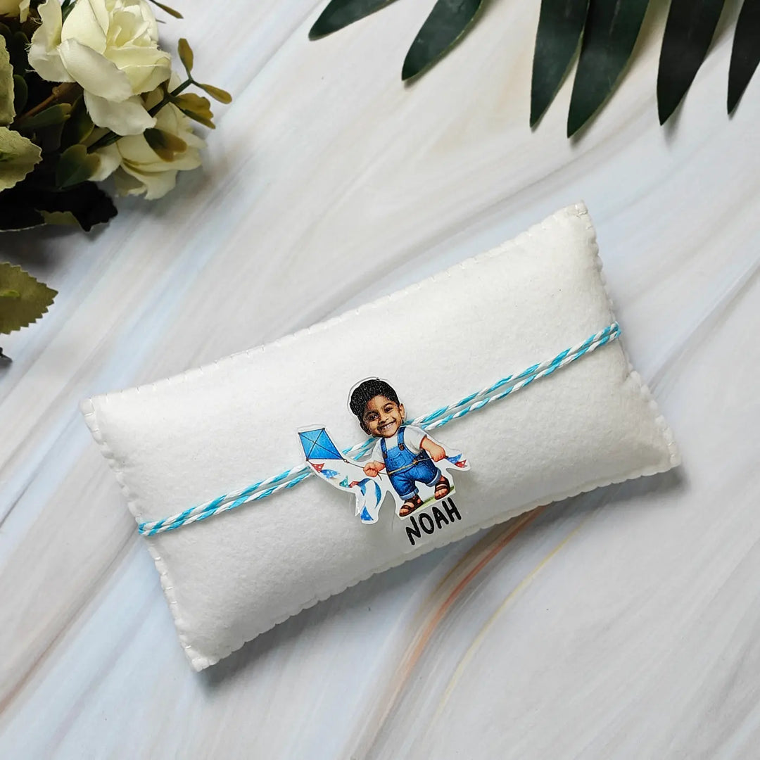 Photo Personalized Reusable Caricature Boy With Kite Theme Acrylic Kids Rakhi