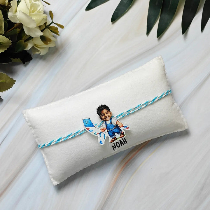 Photo Personalized Reusable Caricature Boy With Kite Theme Acrylic Kids Rakhi