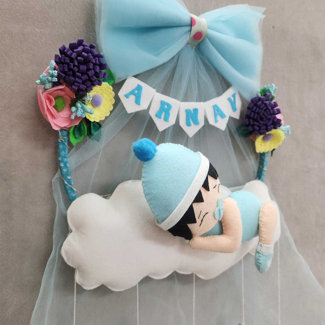 Personalized Cloud Theme Felt Kids Name Plate With Light For Boys