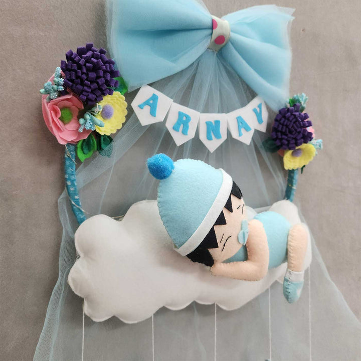 Personalized Cloud Theme Felt Kids Name Plate With Light For Boys