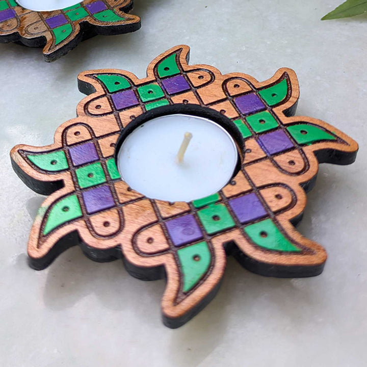 4 pc | Sunburst Hand-Painted Engraved Mahogany Wood Kolam Tealight Holders