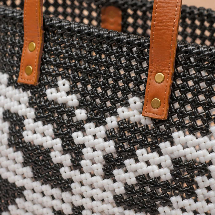 Handwoven Black Koodai Tote Bag with White Butterfly Motif