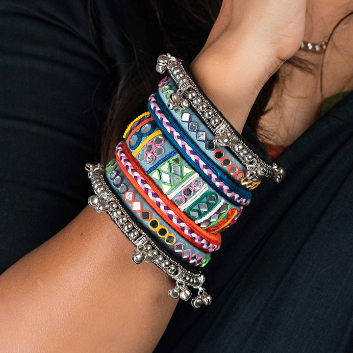 Multicolour Handcrafted Ishanvi Mirror Work & Silver Ghugharu Bangles | Set of 7
