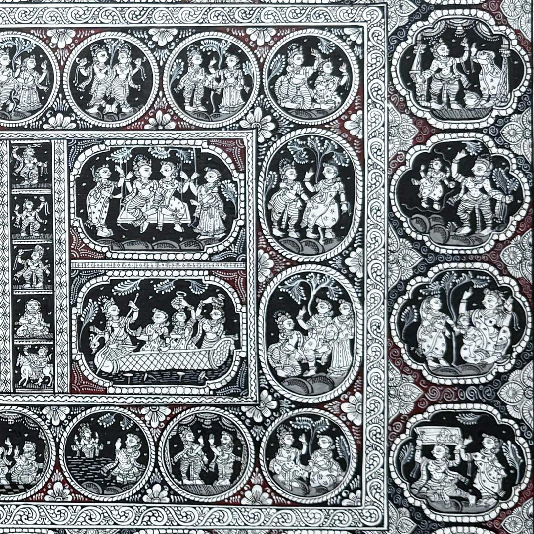 40 x 24 Inch | Handmade Canvas Krishna Rasleela with Krishna Lifestory Painting