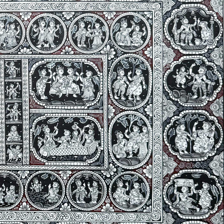 40 x 24 Inch | Handmade Canvas Krishna Rasleela with Krishna Lifestory Painting