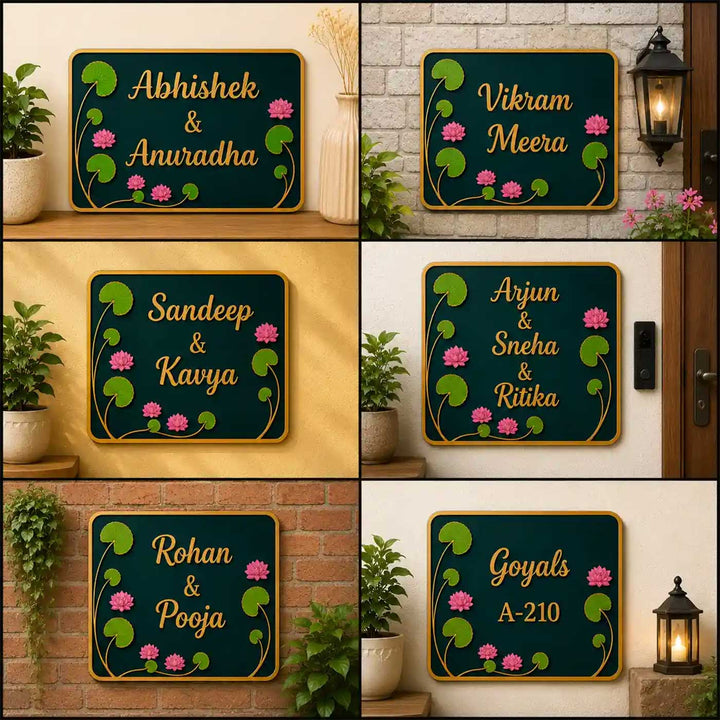 "Lotus Pond" Handcrafted Personalized MDF Wood Name Plate For Home