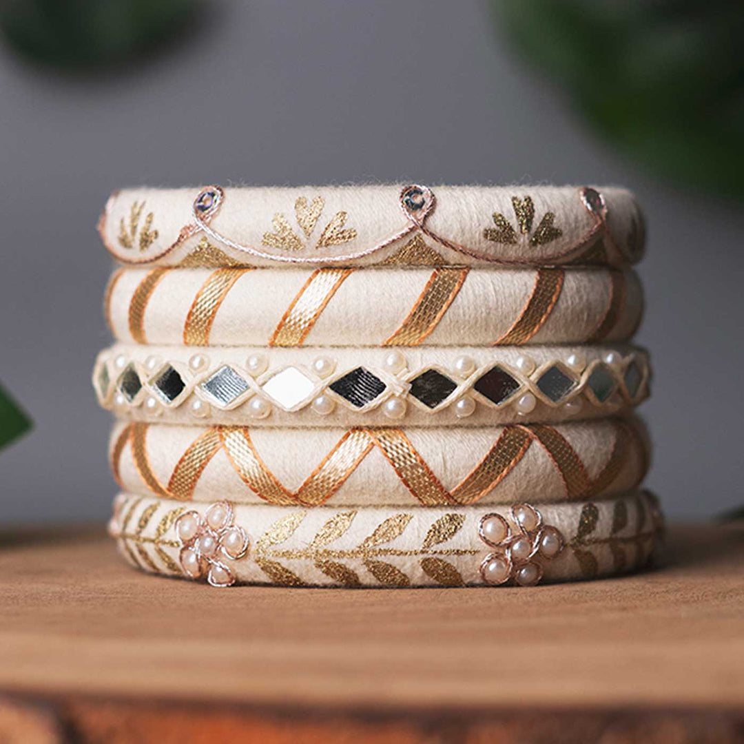 Off White Handcrafted Gotta Patti Beaded Bangles | Set of 5