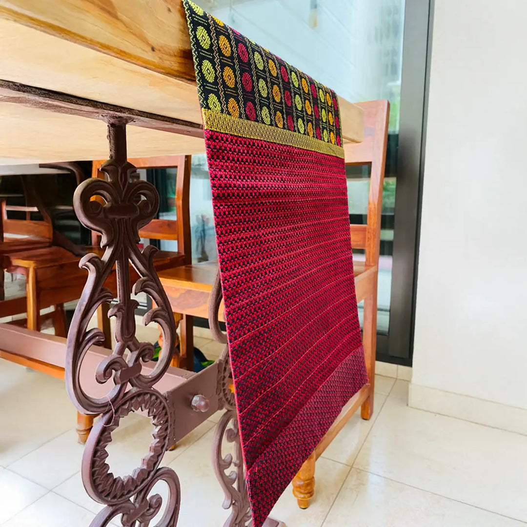 Handmade Colorful Rudraksha Design Khunn Fabric Cotton Table Runner | 13 x 60 Inch