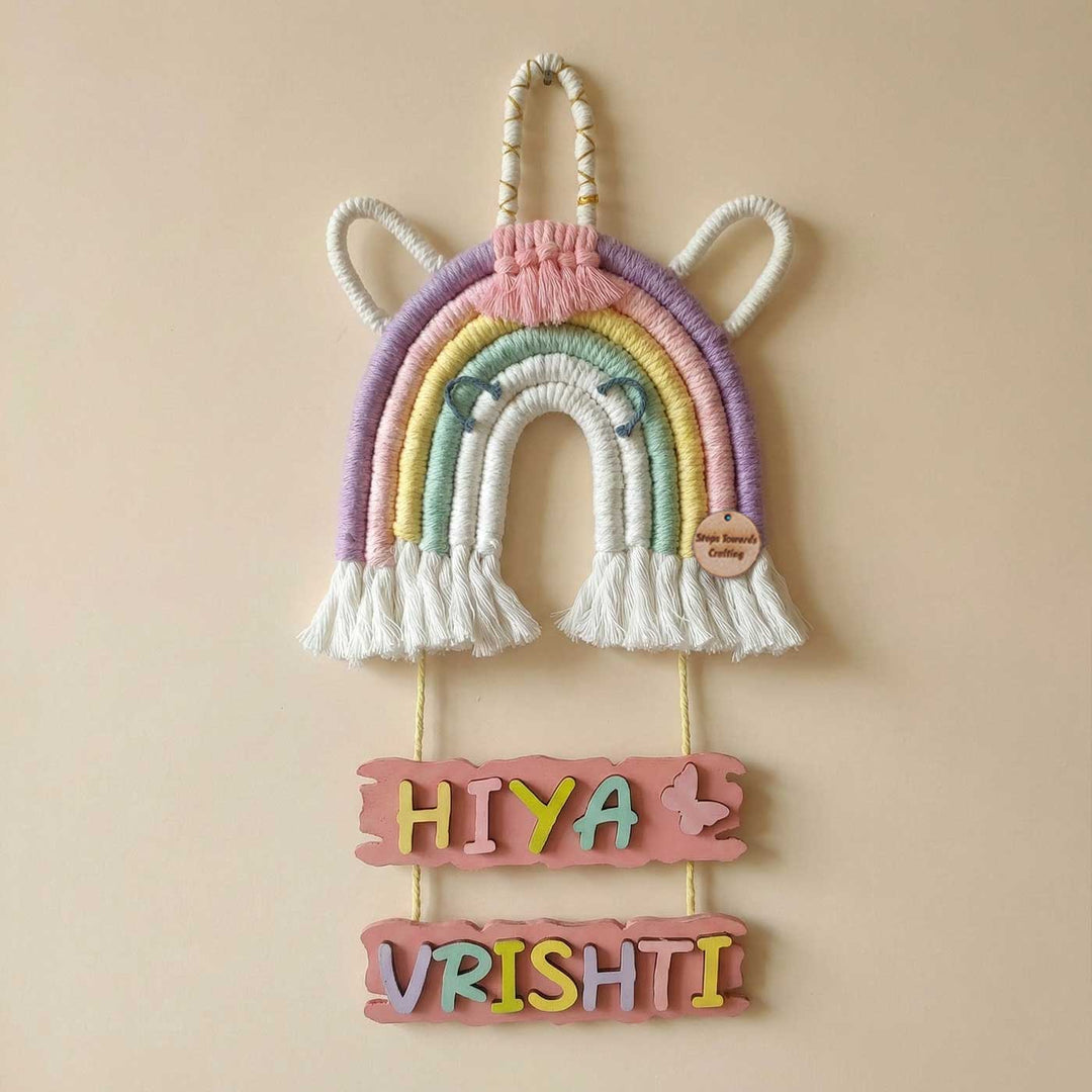 Personalized Macrame Rainbow & Unicorn Theme Kids Name Plate