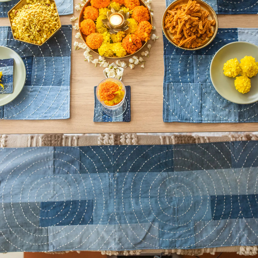Upcycled Hand Embroidered Denim Spiral Eco-Friendly Table Runner & Mat