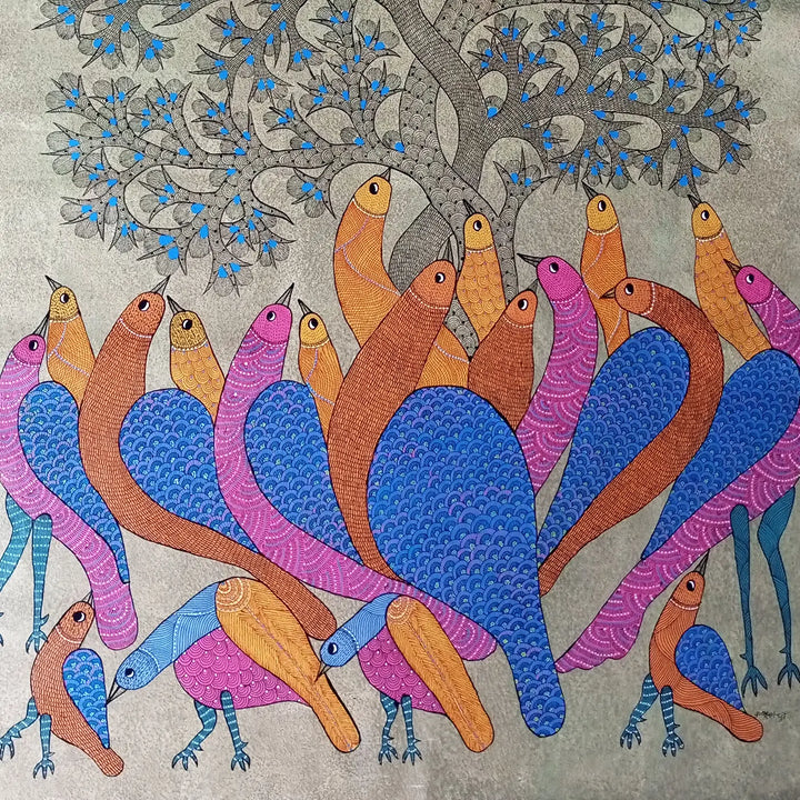 30 x 42 Inch | The Meeting Place | Original Hand Painted Tribal Gond Art Painting | Acrylic Paint On Canvas