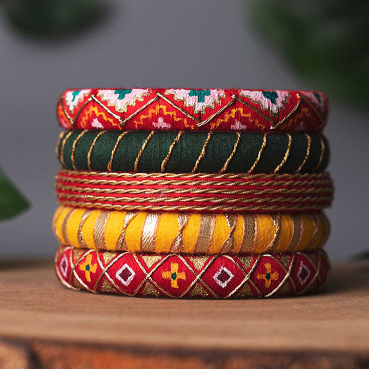 Multicolor Handcrafted Delicate Thread Work Bangles | Set of 5