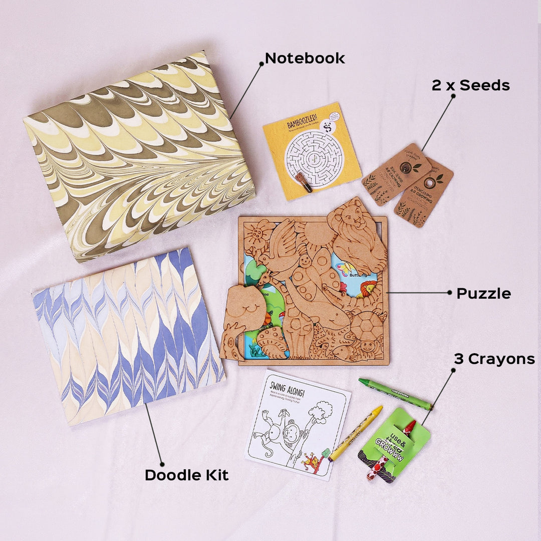 Eco-Friendly Handmade Hamper | 1 A5 Notebook, 1 Doodle Kit, 3 Crayons, 2 Seeds & 1 Gift Box