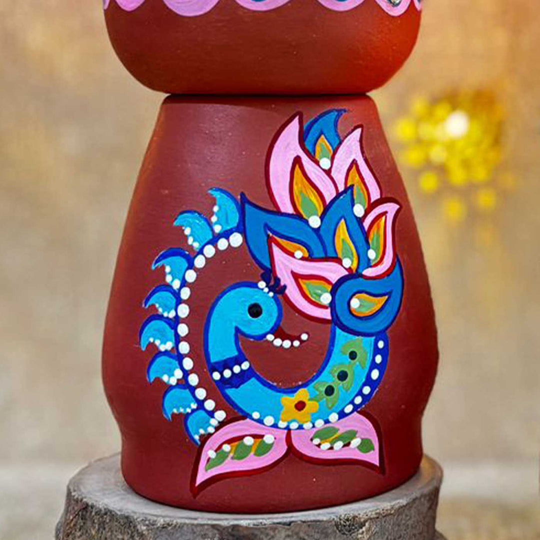 Hand-Painted Peacock Theme Terracotta Tealight Holder | Set Of 2