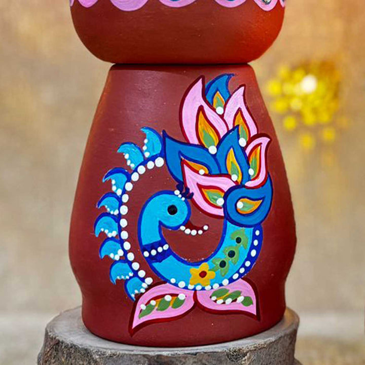 Hand-Painted Peacock Theme Terracotta Tealight Holder | Set Of 2