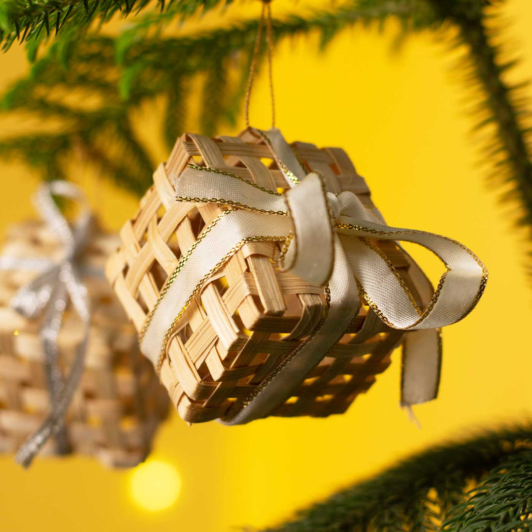 5 Pc | Handmade Bamboo Gift Box Hanging Christmas Ornaments | Assorted Colors