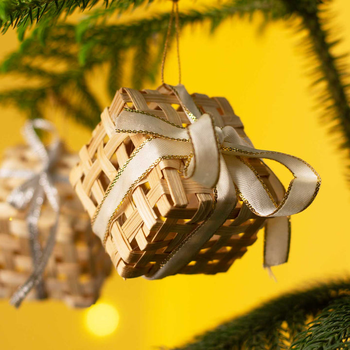 5 Pc | Handmade Bamboo Gift Box Hanging Christmas Ornaments | Assorted Colors