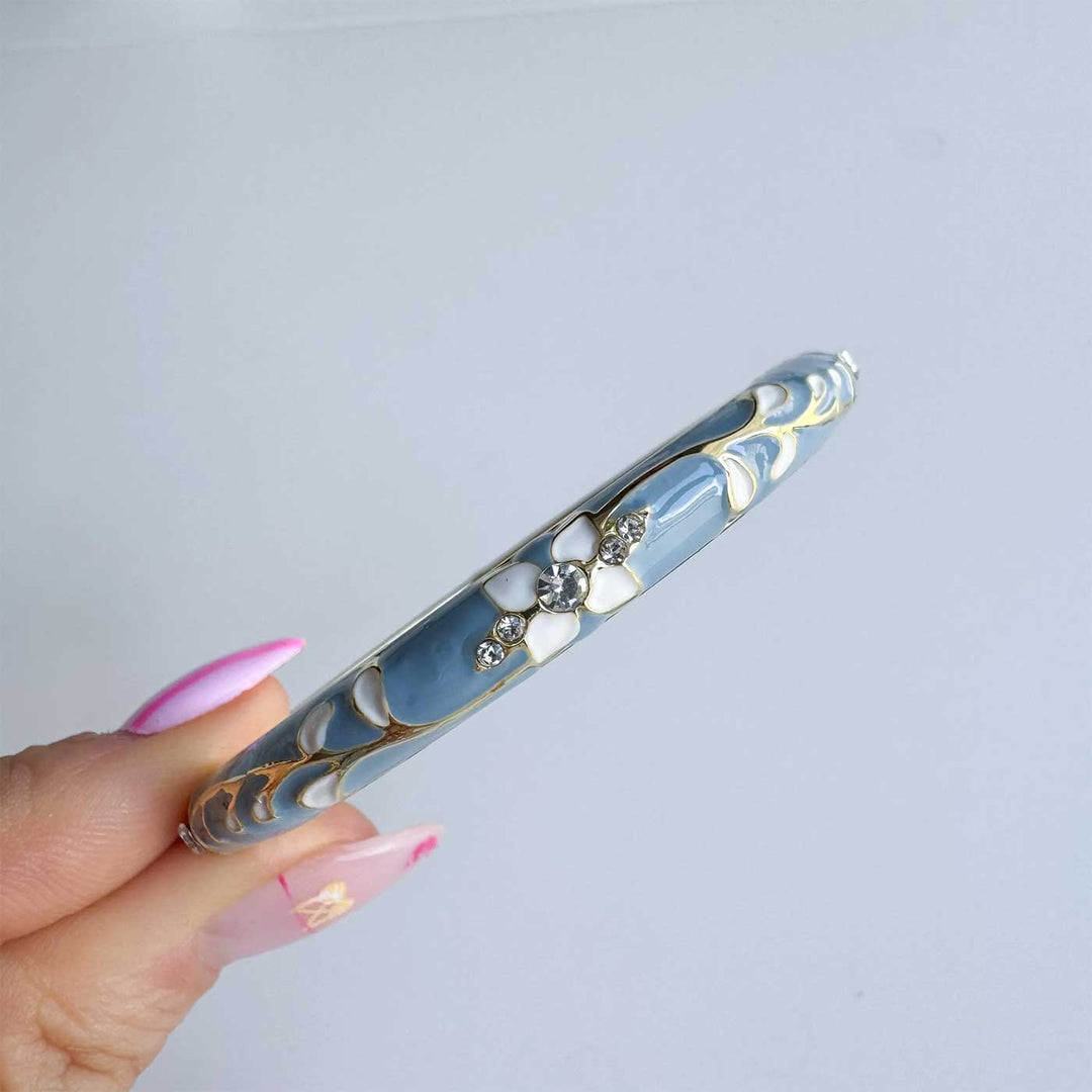 Handcrafted Floral Enamel Crystal Studded 18K Gold Plated Stainless Steel Openable Bangle - Sky Blue