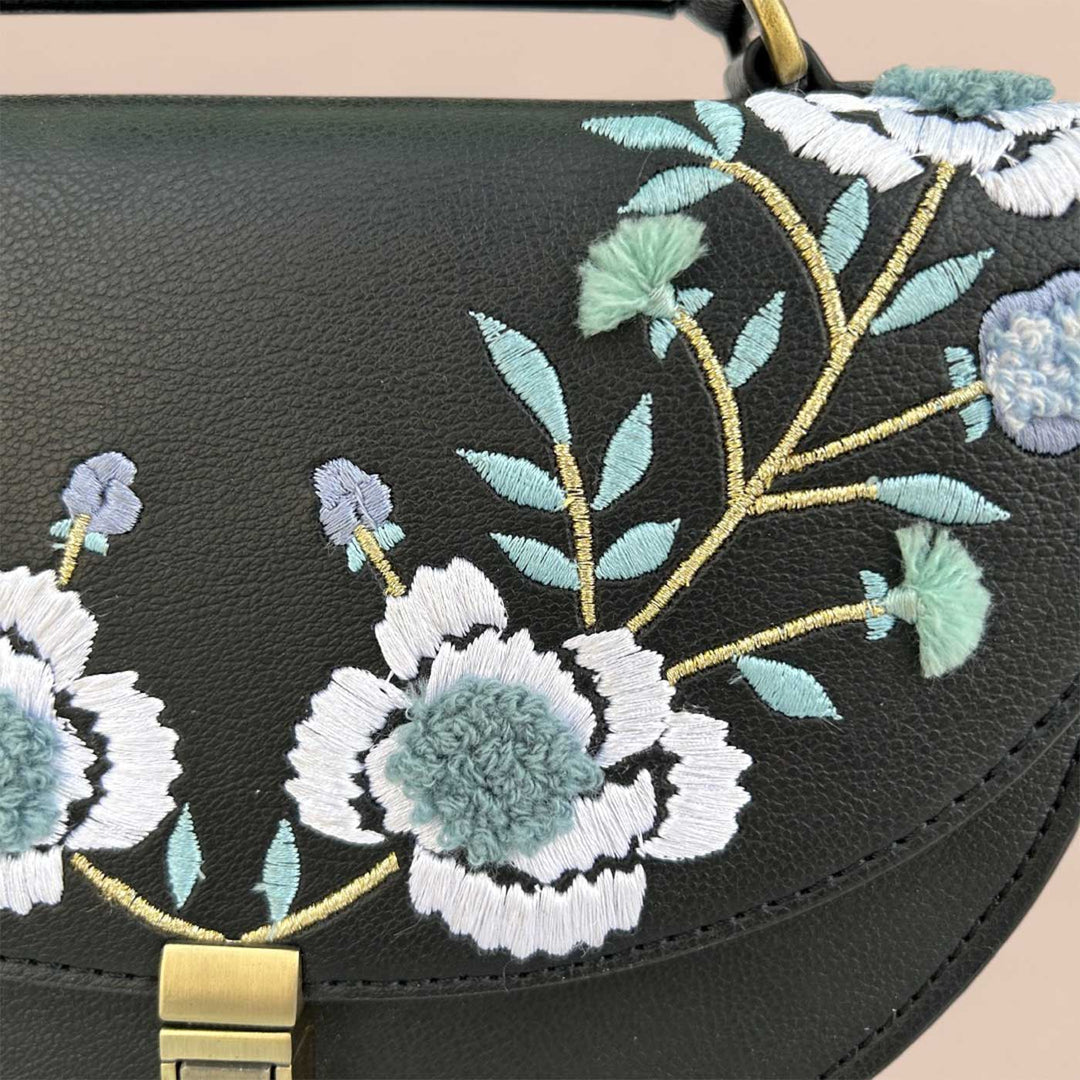 Handmade Embroidered Flower Design Black Rexine Sling Bag