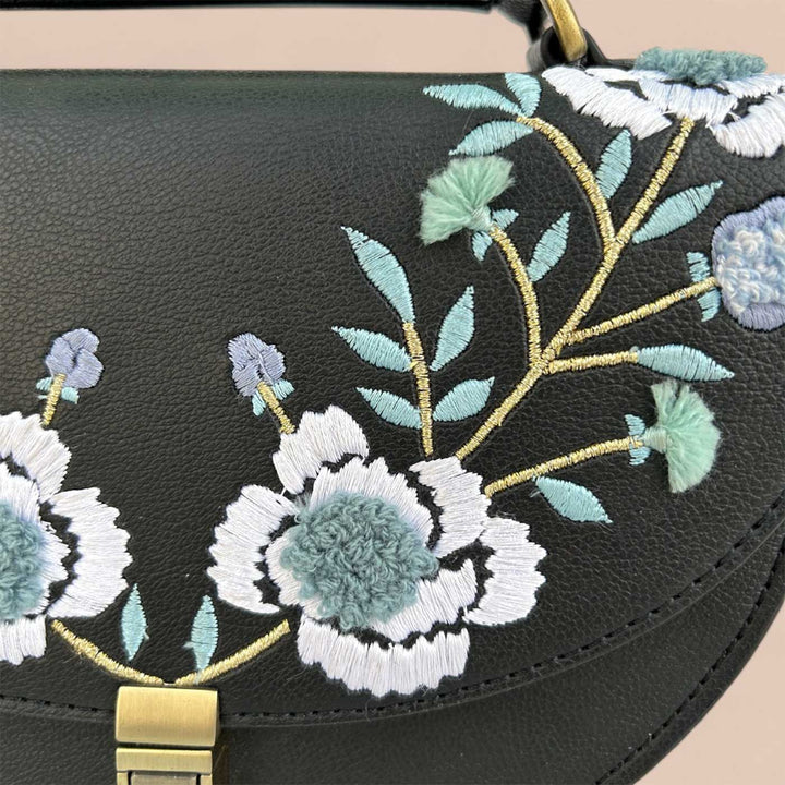 Handmade Embroidered Flower Design Black Rexine Sling Bag