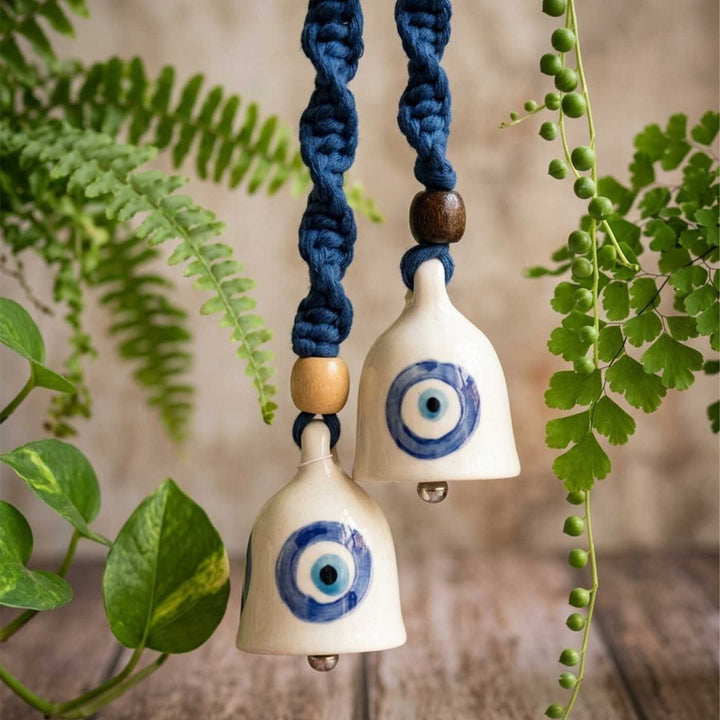 2 Pc | Macrame Handpainted Ceramic Bells Hanging With Wooden Rings & Beads