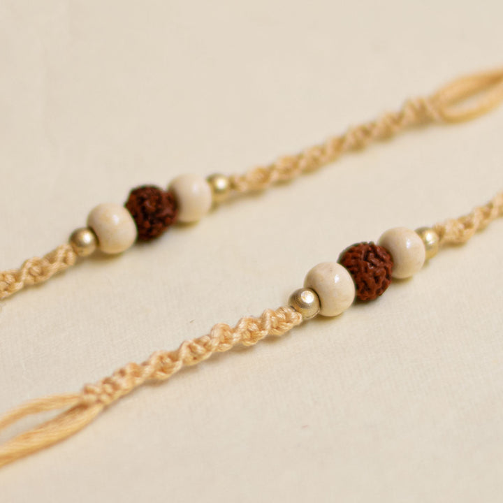 Handmade Pearl Rudraksha Rakhi With Roli Chawal - Pair of Bracelets Close-up