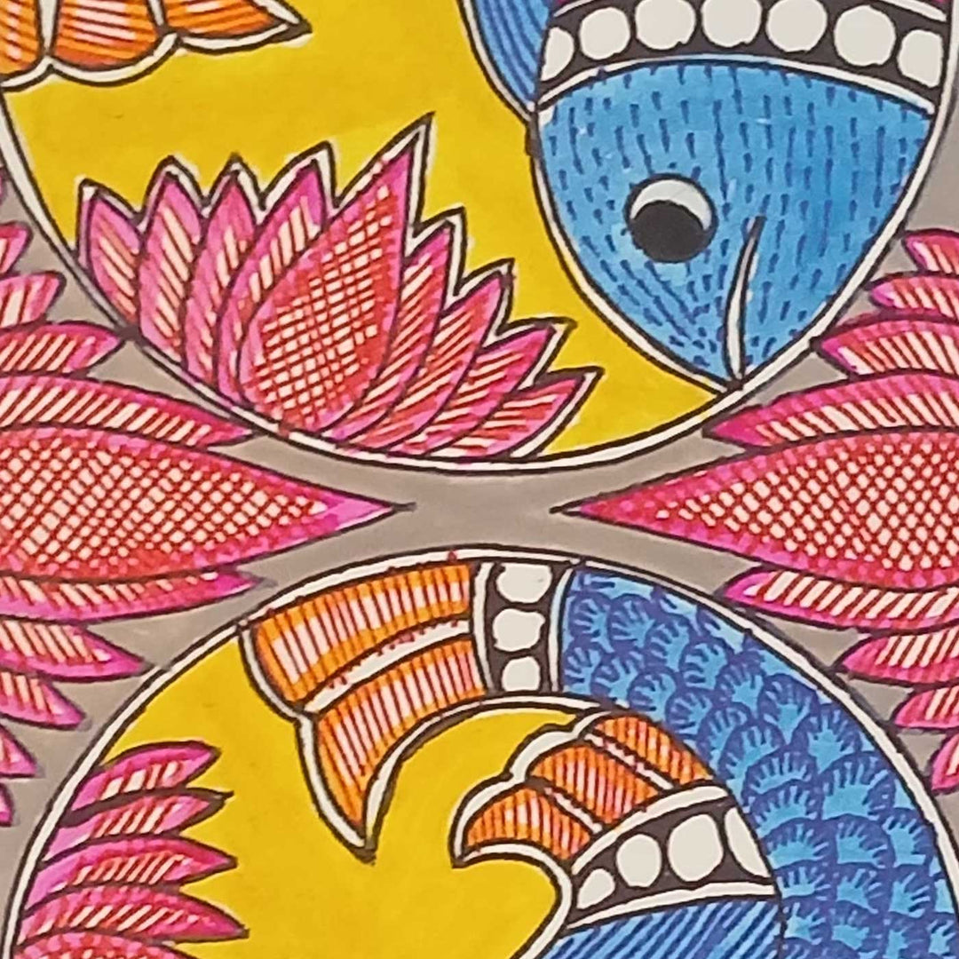 16 x 6 Inch | Fishes & Lotus | Original Hand Painted Madhubani Painting | Acrylic Paints On Paper