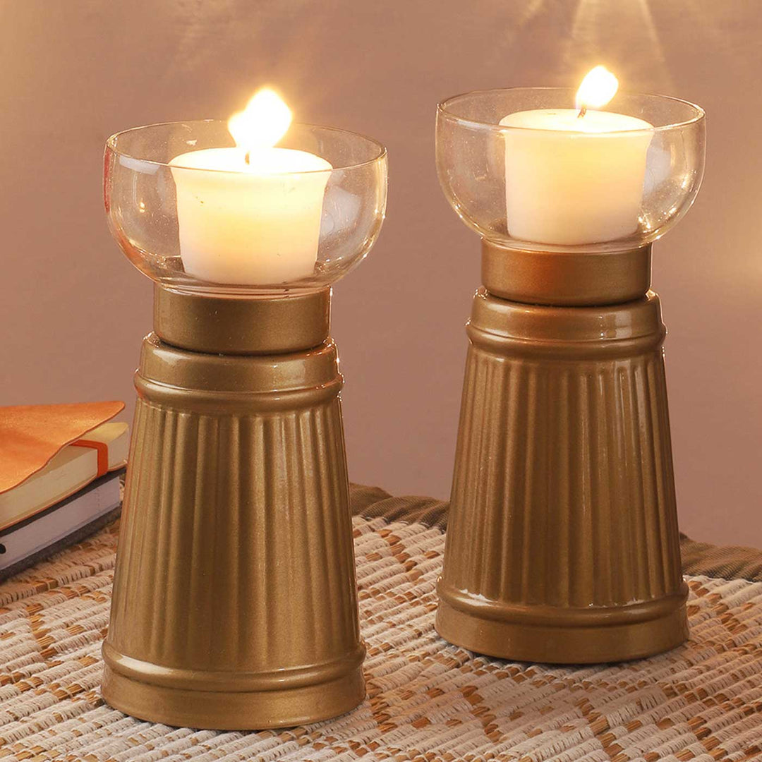 Handmade Golden Aranaya Metal & Glass Tealight Holder | Set Of 2