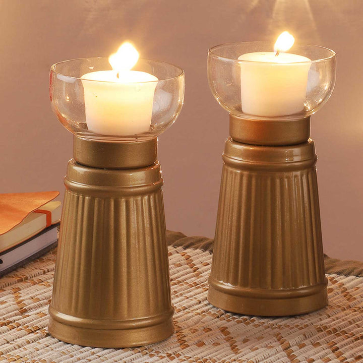 Handmade Golden Aranaya Metal & Glass Tealight Holder | Set Of 2