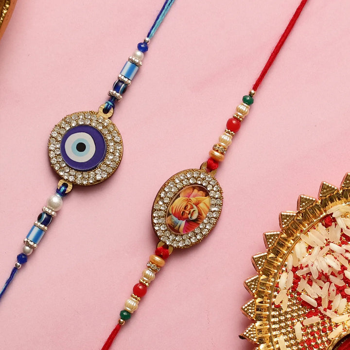 Handmade Saibaba & Evil Eye Rakhi With Roli Chawal | Set Of 2