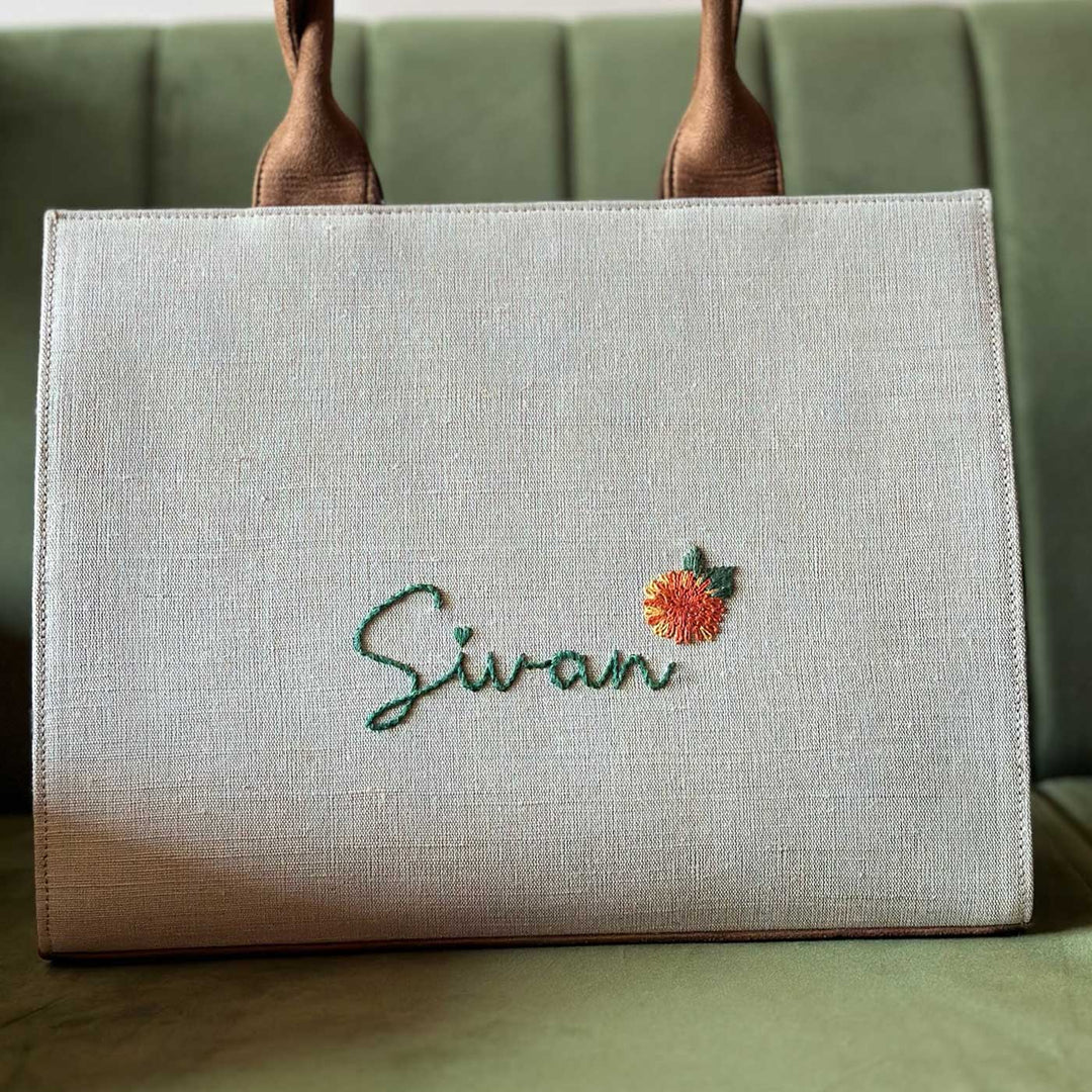 Personalized Hand-Painted & Embroidered Marigold Tote Bag