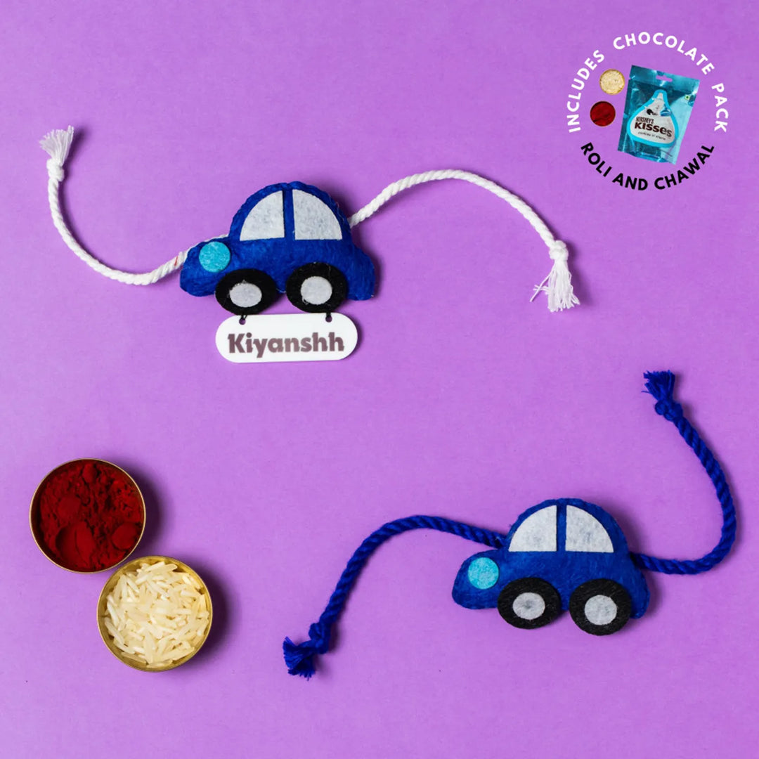 Personalized Handmade Car Theme Felt Kids Rakhi With Chocolates & Roli Chawal
