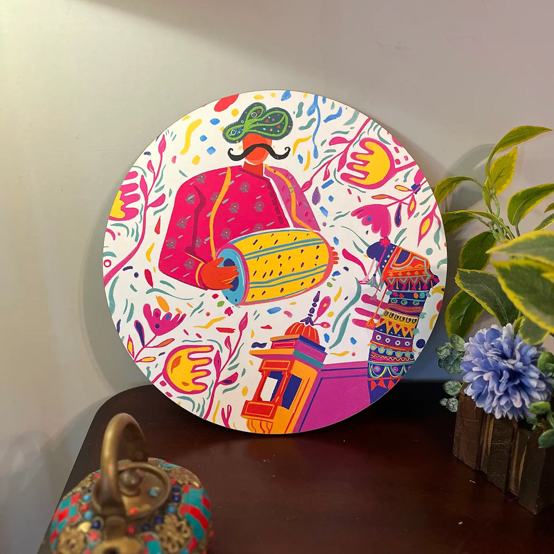 Printed Round Rajasthani Dhol Theme MDF Wood Wall Decor