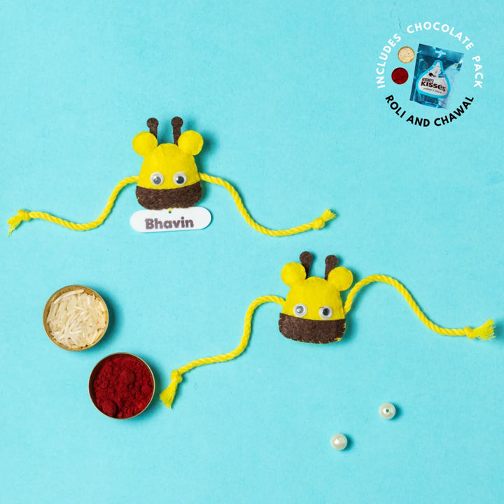 Personalized Handmade Giraffe Theme Felt Kids Rakhi With Chocolates & Roli Chawal