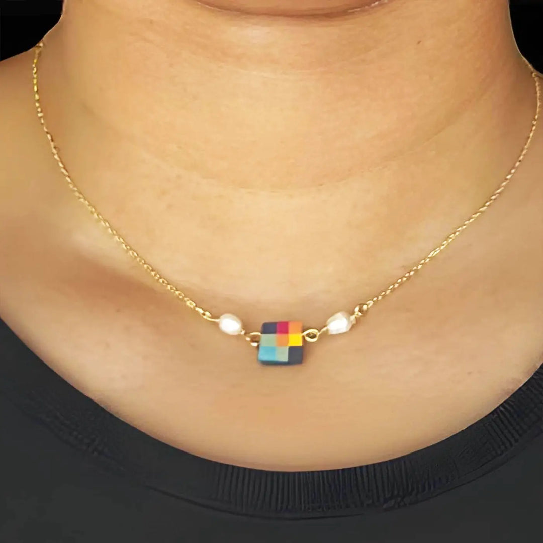 Handmade Polymer Clay Madras Fabric Check Design Pearl Pendant