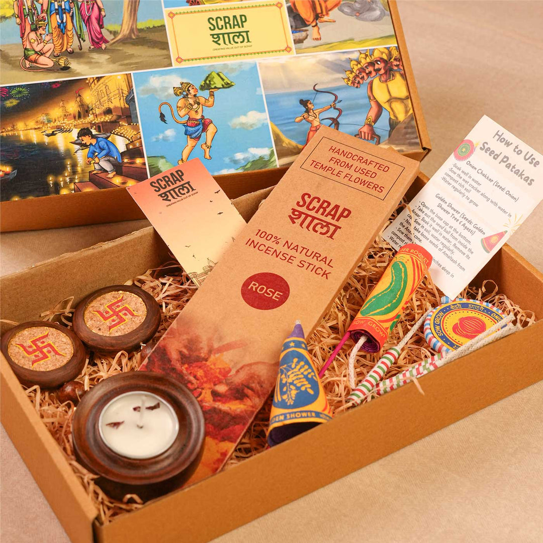 Handmade Prakash Gift Hamper | Includes Agarbatti Pack With Stand, Swastik Door Hanging, Wooden T-Light Holder, Plantable Crackers, Cracker Instruction Card, Seed Card And Outer Box