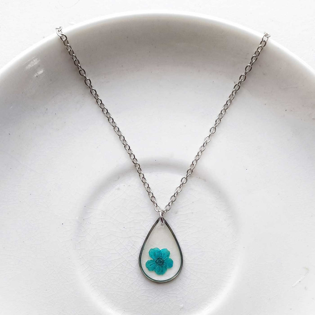 Blue Chirpy Preserved Flower Drop Stainless Steel Necklace