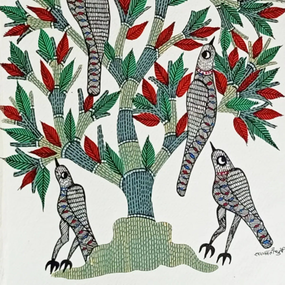 16 x 23 Inch | Birds On Tree | Original Hand Painted Tribal Gond Art Painting | Acrylic Paint On Paper