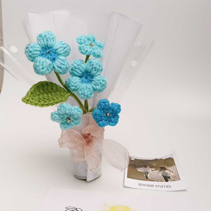 Handmade Crochet Classic Blue Mini Flower Bouquet | Includes Photo & Greeting Card