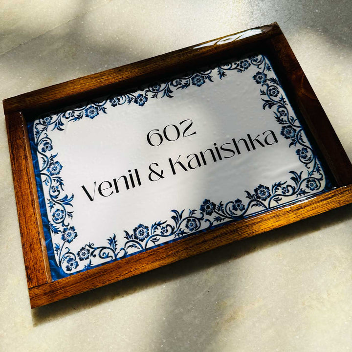 Azure Bloom Vintage Personalized Resin Wooden Frame Name Plate