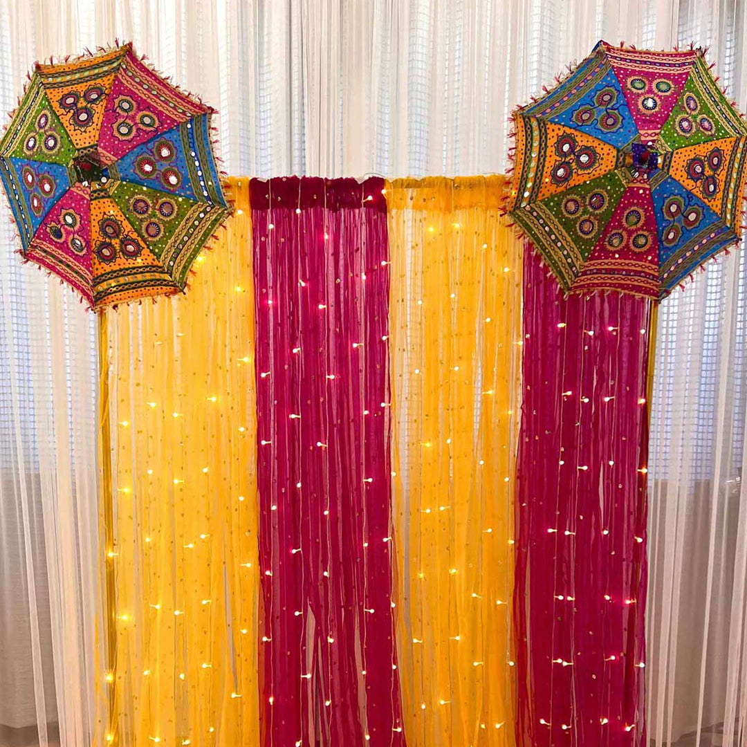 Rang Mahal Sheer Drape Backdrop Decor Kit With Printed Umbrellas & Fairy Lights