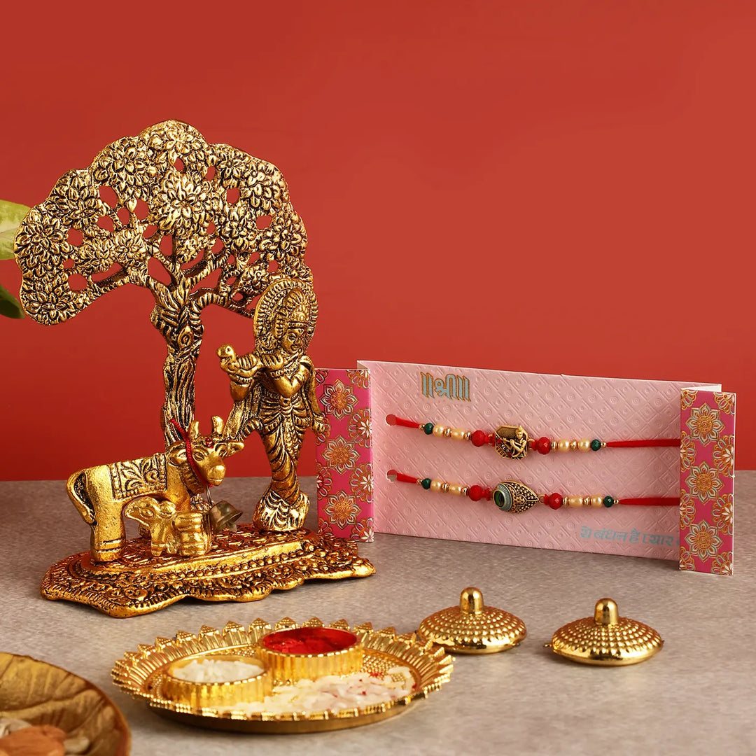 Handmade Krishna Rakhi Hamper | Includes 1 Krishna With Kadamba Tree Idol, 2 Rakhis, 1 Roli Chawal