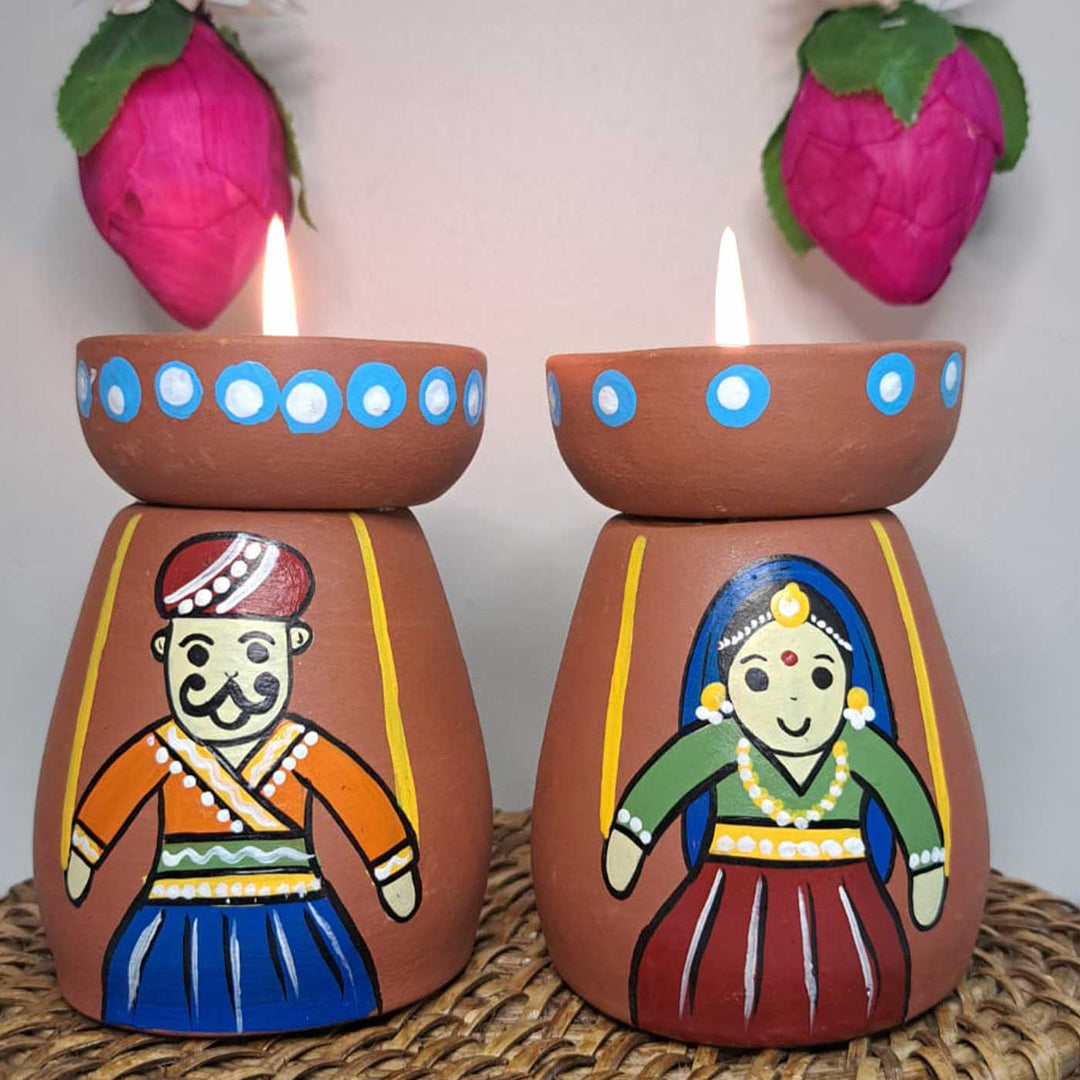 Hand-Painted Rajasthani Puppet Theme Terracotta Tealight Holder | Set Of 2