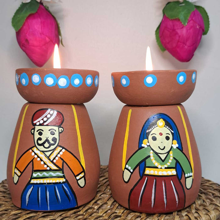 Hand-Painted Rajasthani Puppet Theme Terracotta Tealight Holder | Set Of 2