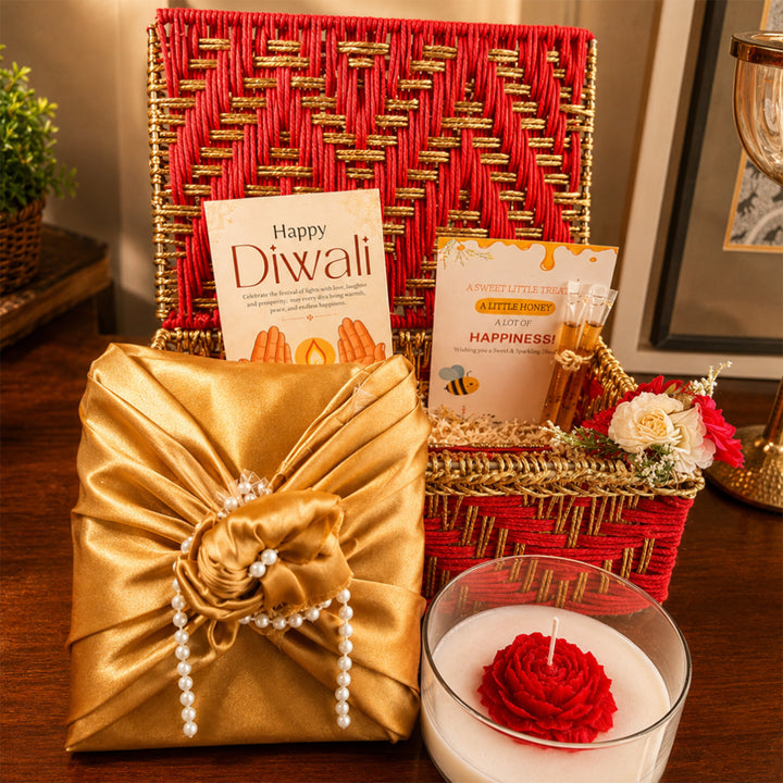 Crimson Bloom Red Basket Diwali Gift Hamper With Red Flower Soy Wax Candle And German Silver Tealight Holder For Festive Gifting